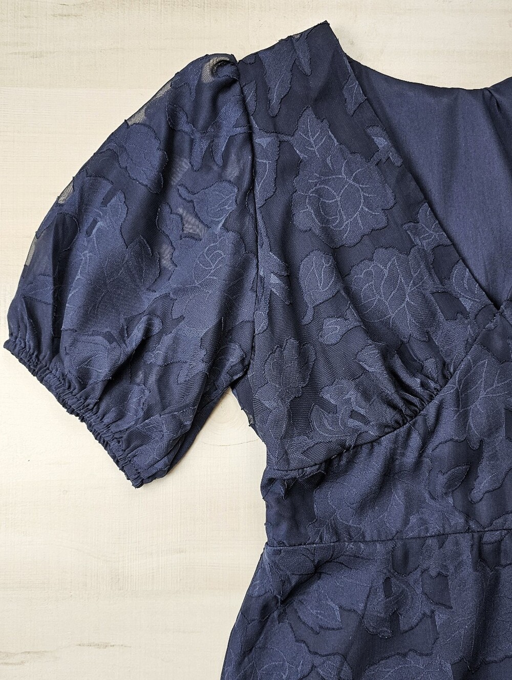 New Chic Sheer Textured Lace Midi Dress PLUS Puffed Sleeve Navy Blue - Picture 8 of 14